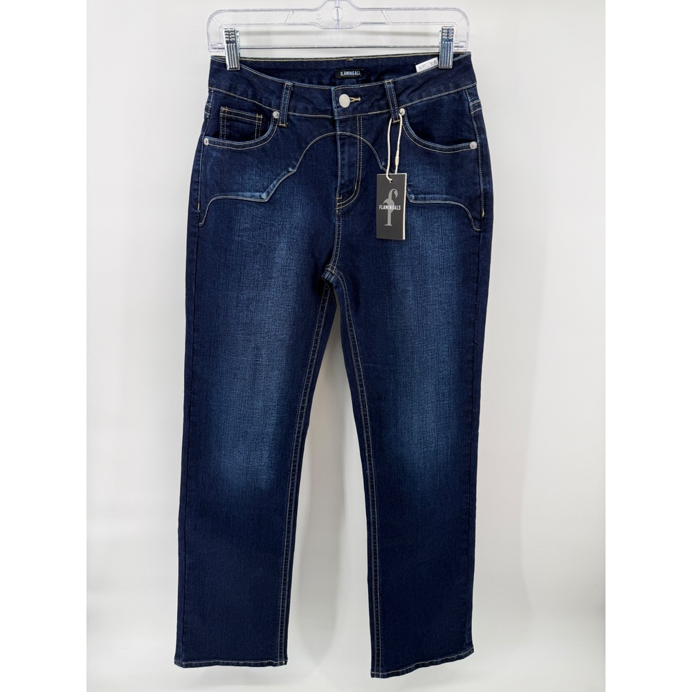 Flamingals Womens Dark Wash Contrast Stitch Straight Leg Jeans Western Style NWT